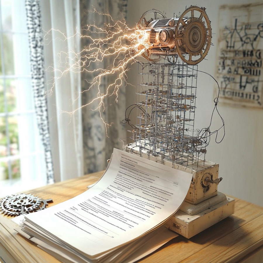 A vintage printing press striking a resume page, throwing sparks.