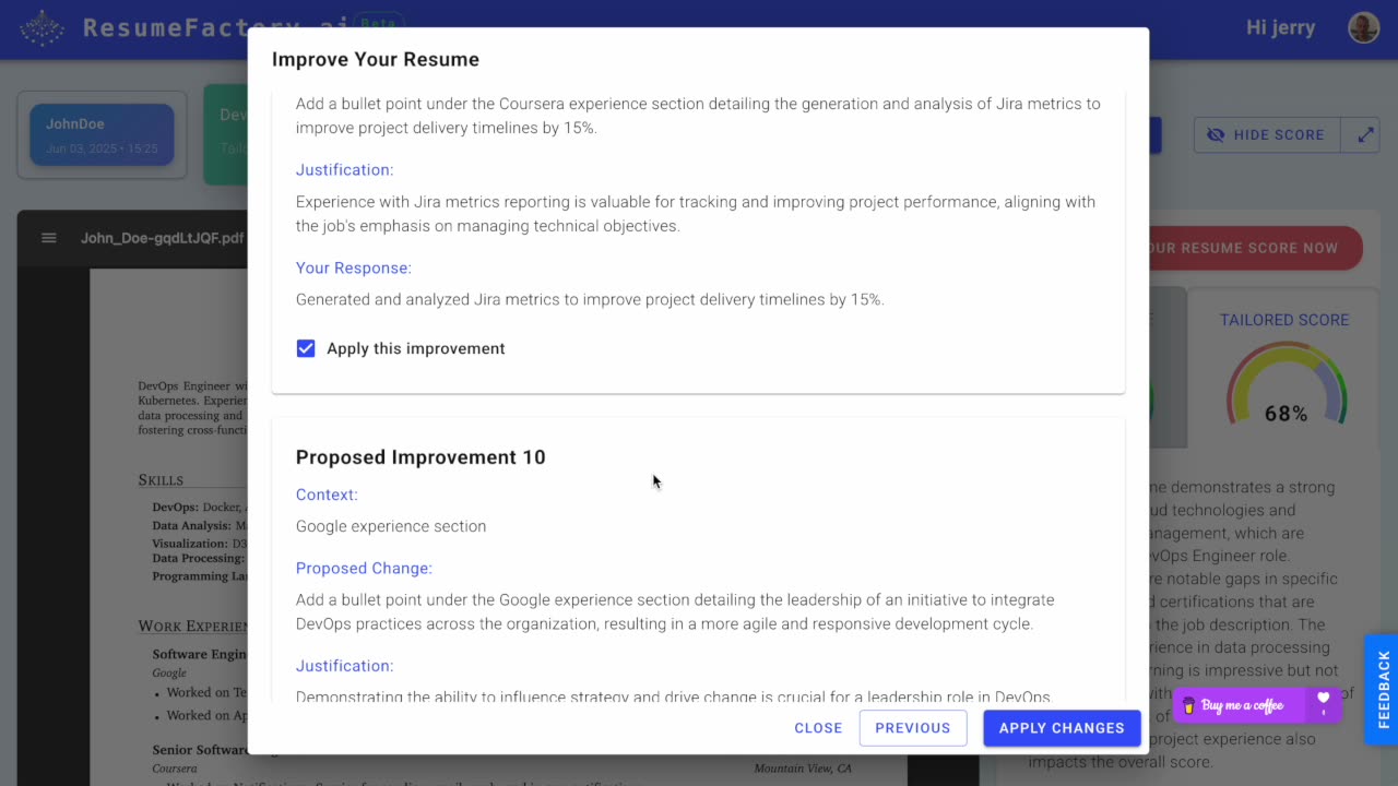 The product proposing a resume change, with its context, justification, and an approval checkbox.